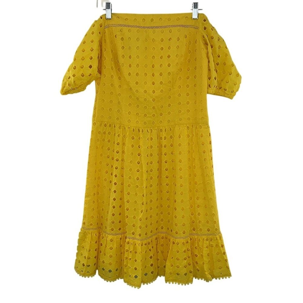 Donna‎ Morgan Dress Women 8 Yellow Eyelet Off the Shoulders Pleated Ruffle Hem